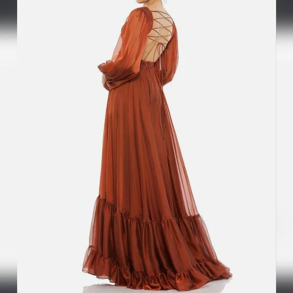 Mac Duggal 67948 Copper Criss Cross Waist Bishop Sleeve Dress Sz. 2 - Picture 2 of 12